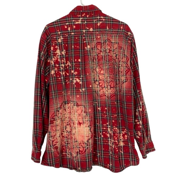 Handmade Floral Flannel Shirt Unisex Size XL XXL Bleached Plaid Button Down Red - Picture 2 of 8